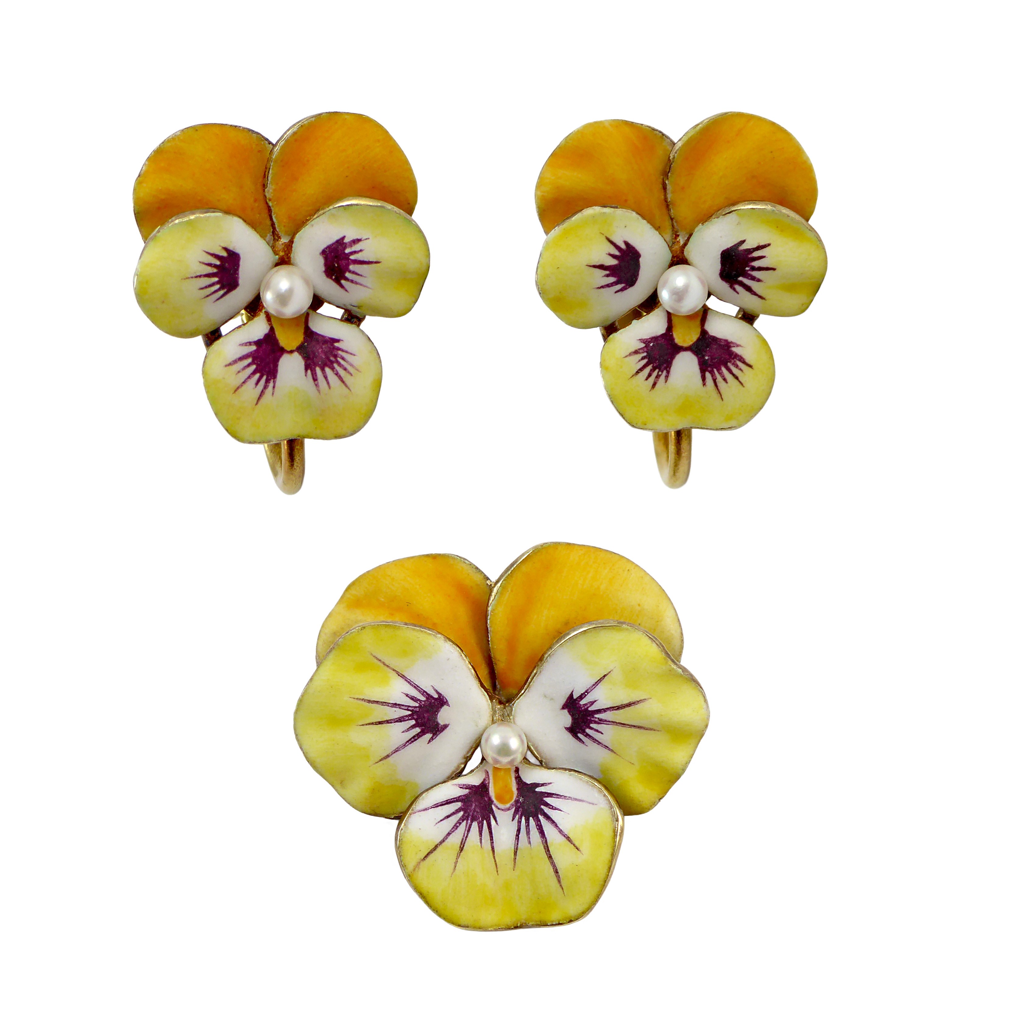 Late 19th / early 20th century yellow enamel, pearl and gold pansy set of brooch and pair of earrings, American c.1900,